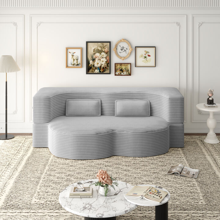 Modern Floor Sofa with 2 Pillows,Convertible Plush Corduroy Foam-Filled Sleeper Sofa