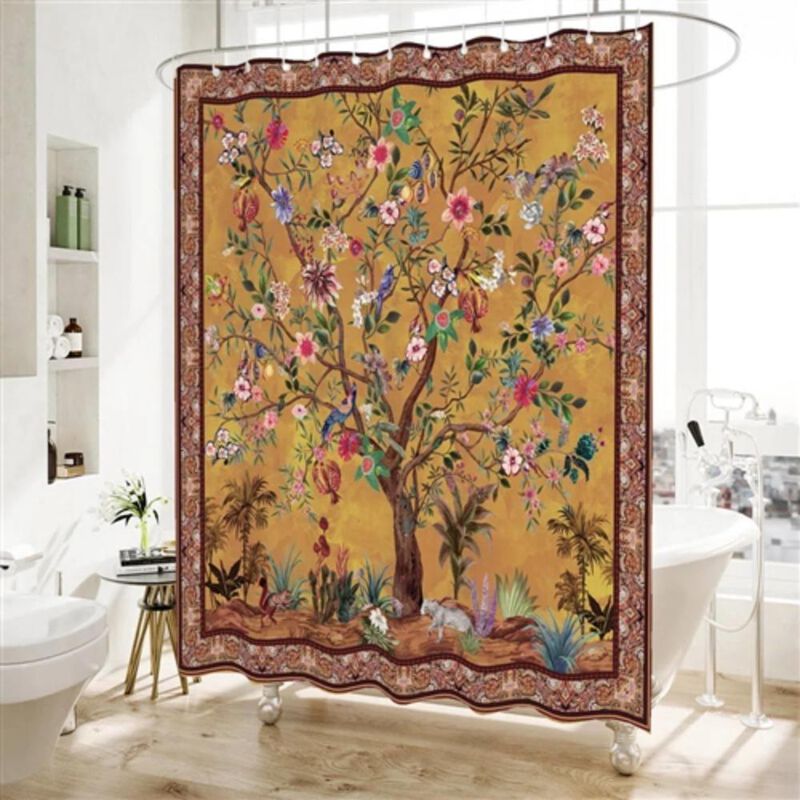 Hivvago 72-inch Brown Red Orange Green Floral Tree Birds Plants Flowers Shower Curtain