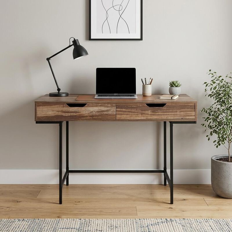 HomeRoots 47" Brown and Black Wood and Metal H-Shape Computer Desk With Two Drawers image number 1