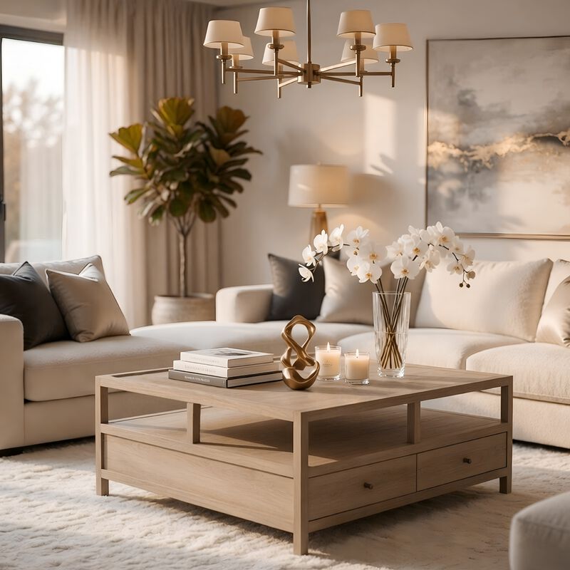 Hika 45 Inch Square Coffee Table, 4 Storage Drawers and Open Shelf, Light Brown Mango Wood image number 8