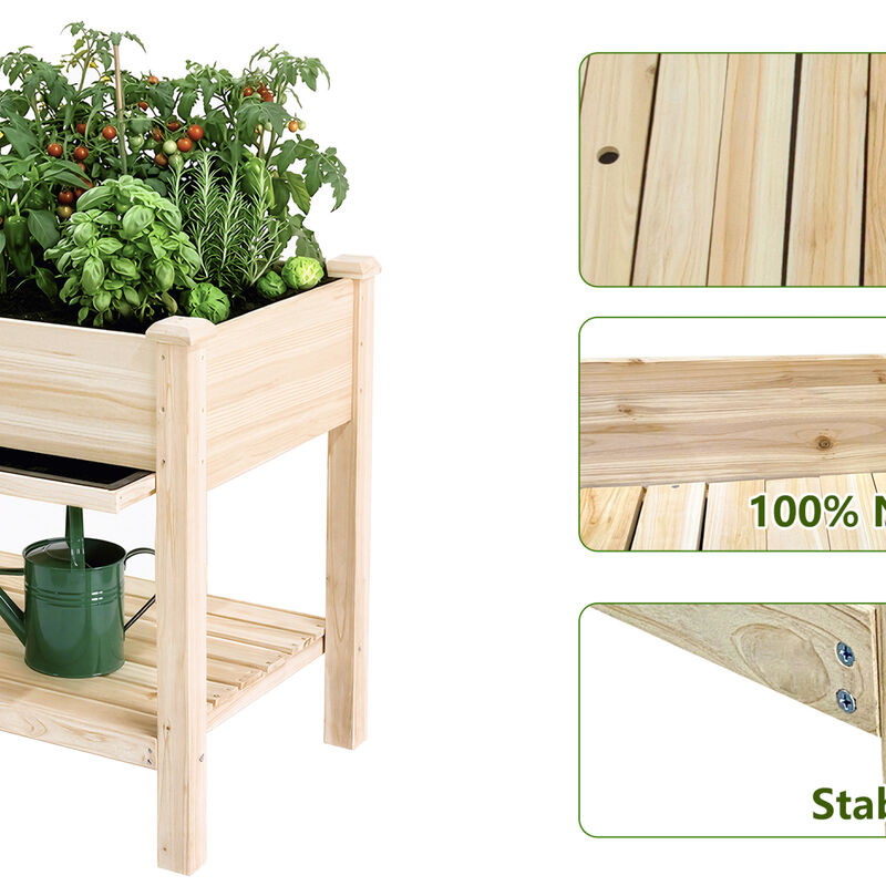 WOW PIONEER Elevated Solid Wood Raised Garden Bed with Water Collection Tray, Storage Shelf, Protective Liner image number 7