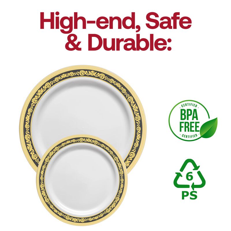 White with Black and Gold Royal Rim Plastic Dinnerware Value Set (40 Sets) image number 5