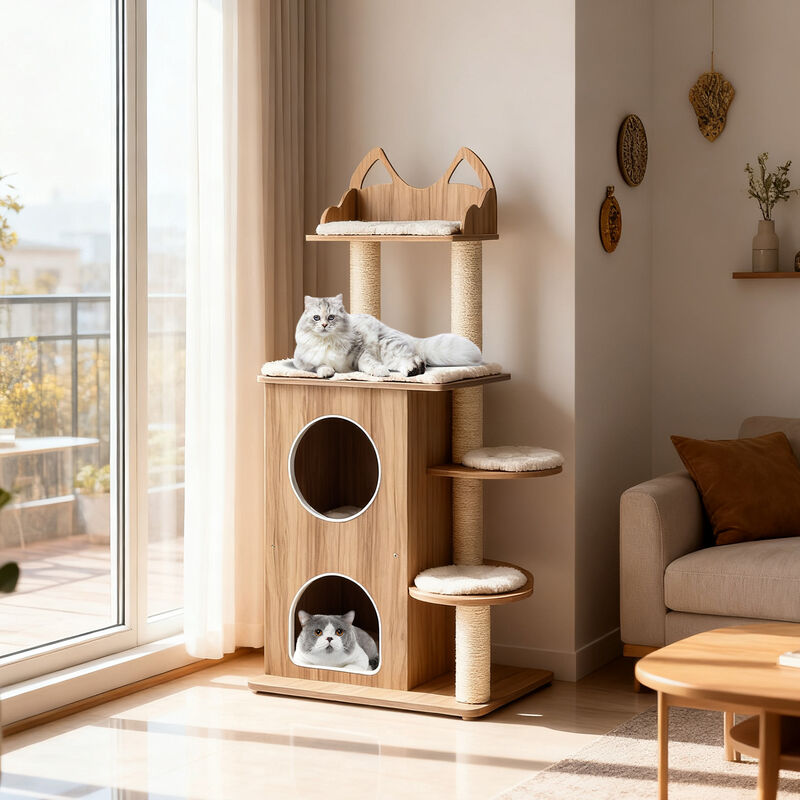Wooden Cat Tree with 2 Level Condo and Removable Washable Cushions-Natural image number 1