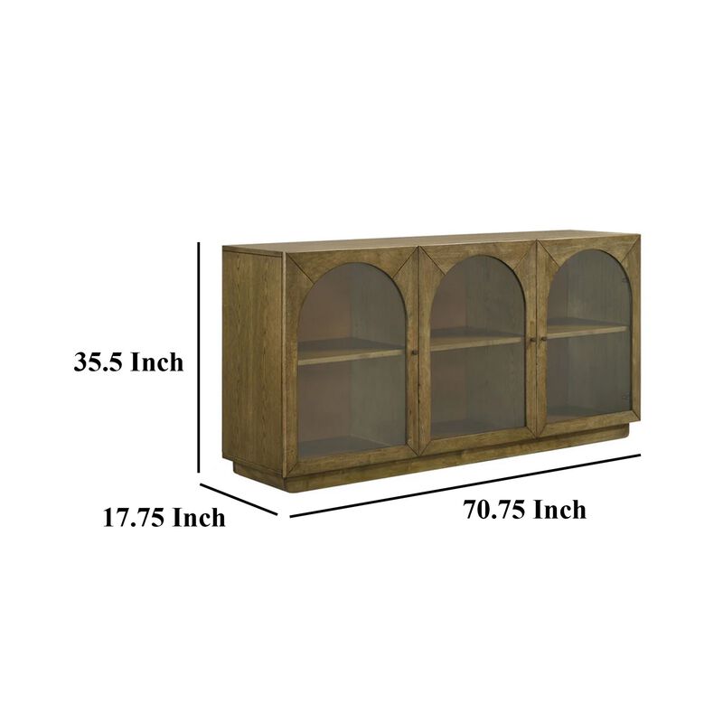 Givy Sideboard Buffet, 3 Arched Glass Doors 71 Inch Natural Brown Wood - Benzara