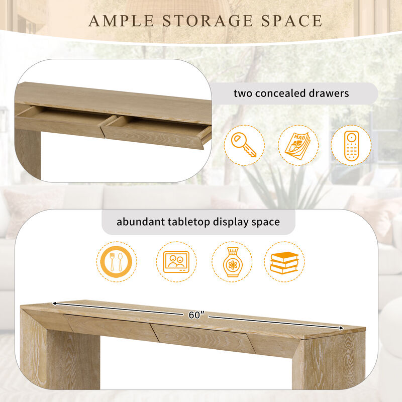 Whisen 60" Modern Farmhouse Console Table with 2 Concealed Drawers, MDF Solid Wood Veneer, Waterfall Edge for Living Room Entryway Hallway image number 5
