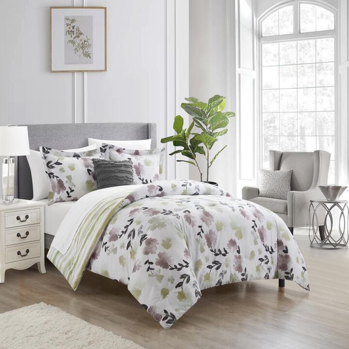 Chic Home Devon Green 6 Piece Comforter Set Reversible Watercolor Floral Print Striped Pattern Design Bed in a Bag Bedding
