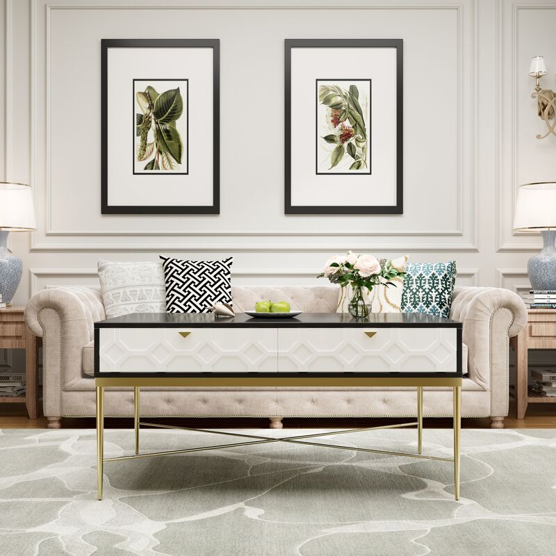 47 in. Black and White Rectangle Wood Coffee Table with 2-Drawers