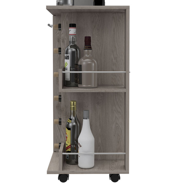 DEPOT E-SHOP Magda Bar Cart, Four Casters, Six Built-in Wine Rack, Single Door Cabinet, Two External Shelves, Light Oak