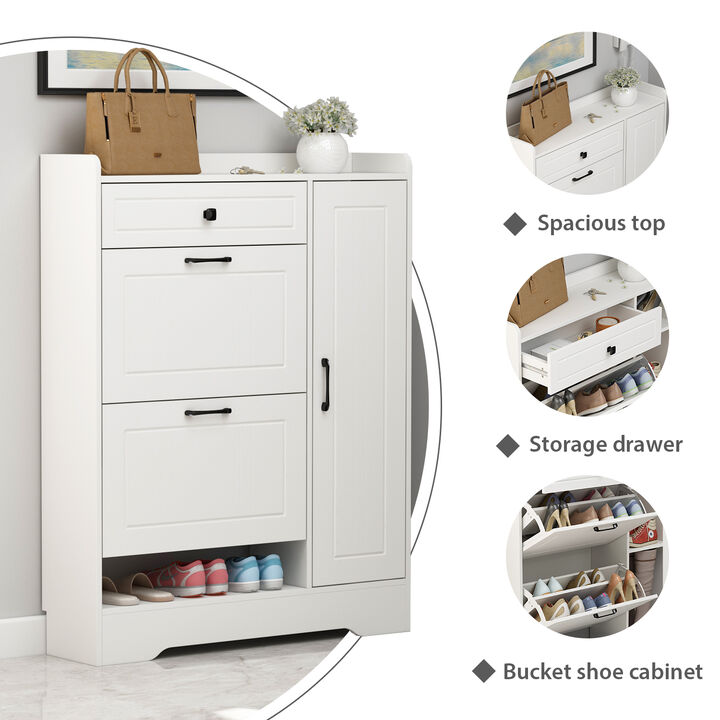 47.2 in. H x 35.4 in. W White Wood Shoe Storage Cabinet with Foldable Compartments, Drawer and Cabinets