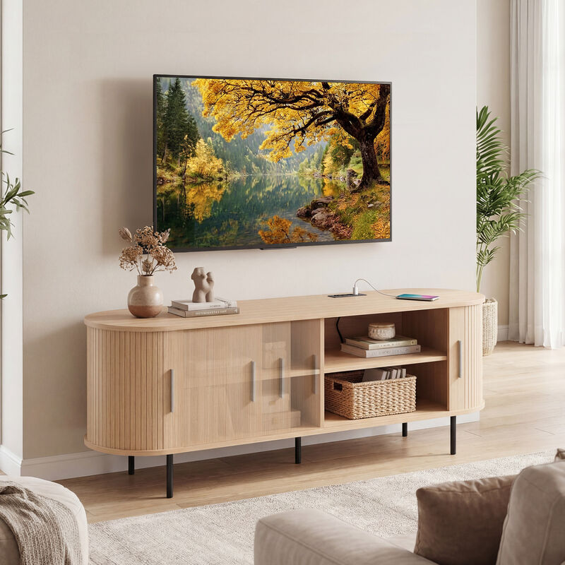 Mid Century Modern Fluted TV Stand with Curved Entertainment Center image number 5