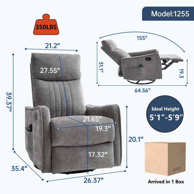 Heat Massage Manual Recliner Chair with Rocker and Swivel in Fabric for Living Room, Dark Grey