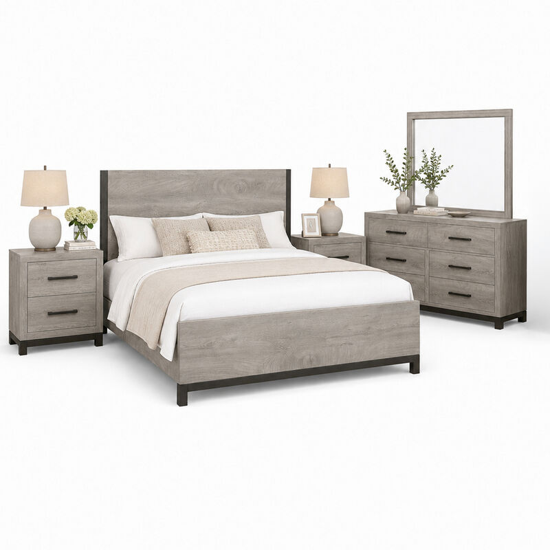 Queen Bedroom Set, Gray Wood, 5 Piece Set with 2 Nightstands, Dresser, and Mirror image number 0