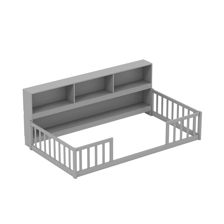 Kids Montessori Floor Bed with Bookcase, Comfortable and Functional Bedroom Piece