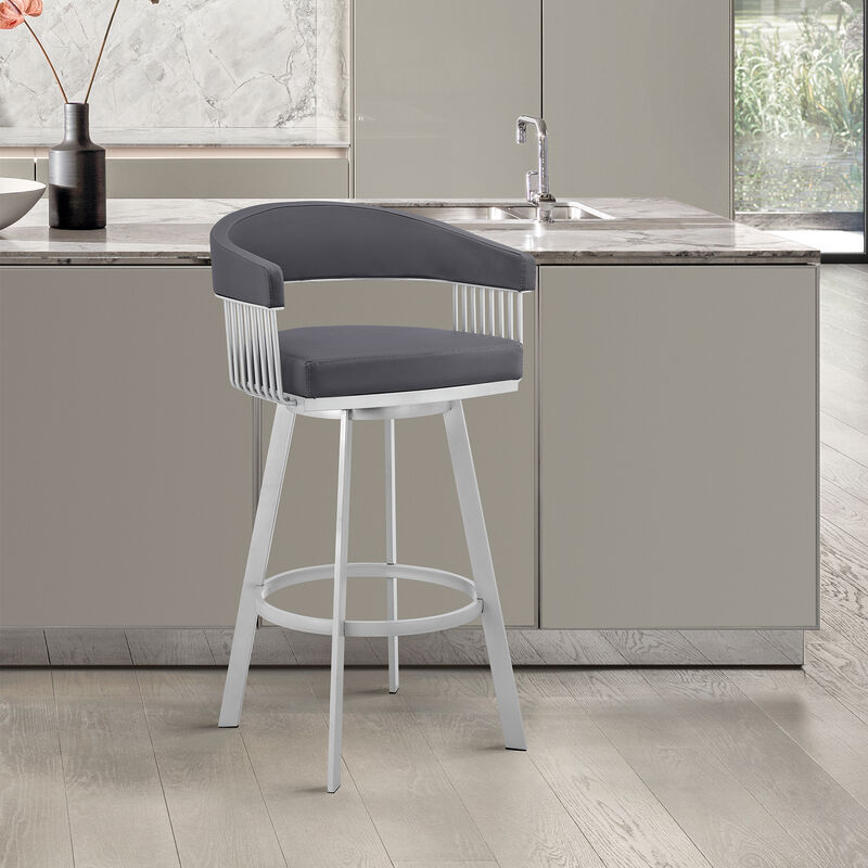 Bronson Bar Height Swivel Bar Stool in Silver finish and White Faux Leather