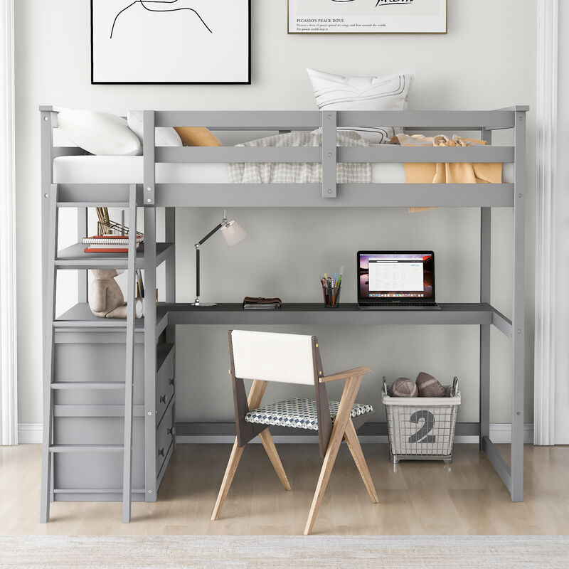 Whisen Twin Size Wood Loft Bed with Desk, Shelves and Two Built-in Drawers - White