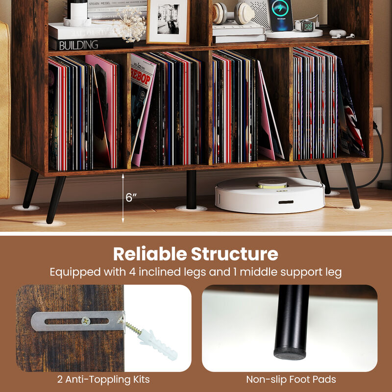 Record Player Stand with Charging Dock and Open Shelves for Media-Rustic Brown image number 5