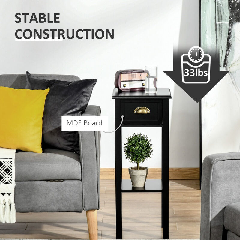 Black Slim Nightstand: 2-Tier Side Table with Drawer for Space Saving