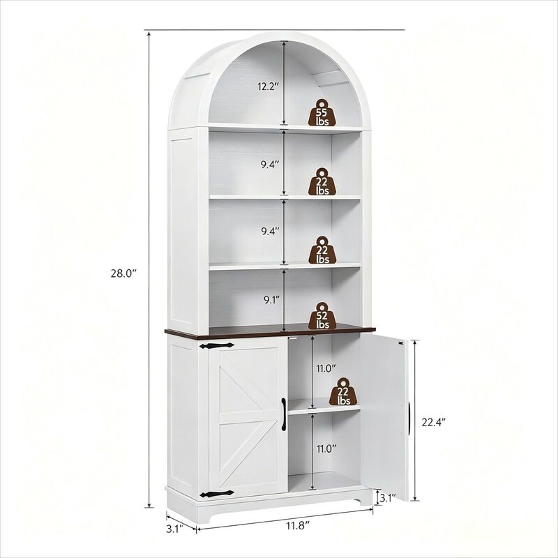 6-Tier Arched Bookcase, 70" Tall Wooden Bookshelf with Door, Arched Cabinet with Open Shelves, Floor Standing Display Bookcase for Home, Office image number 2