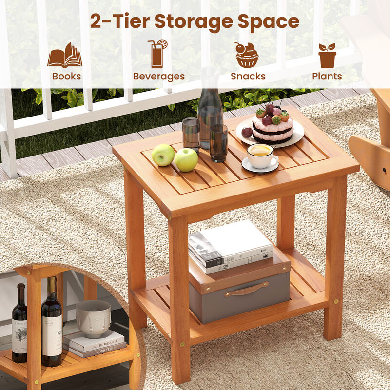 Outdoor 2-Tier Acacia Wood Side Table with Slatted Top and Lower Storage Shelf-Natural image number 7