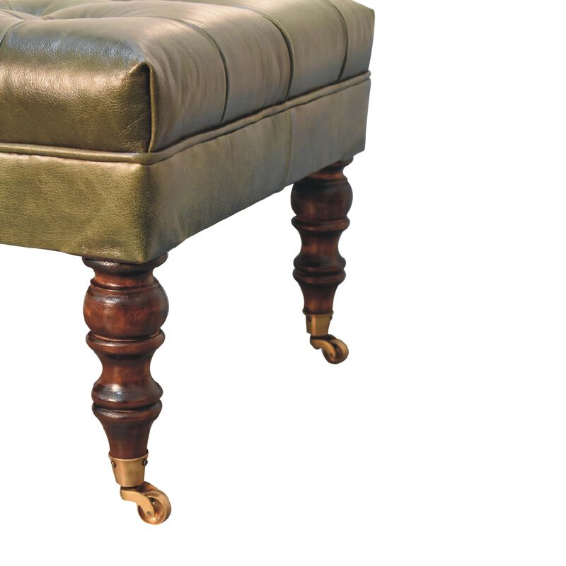 Artisan Furniture  Solid Wood Buffalo Green Leather Ottoman with Castor Legs