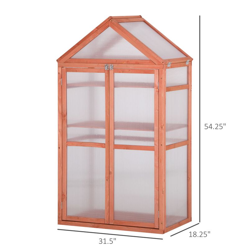 32" x 19" x 54" Greenhouse Flower Planter Protection w/ Adjustable Shelves, Double Doors, Garden Wooden Cold Frame Orange