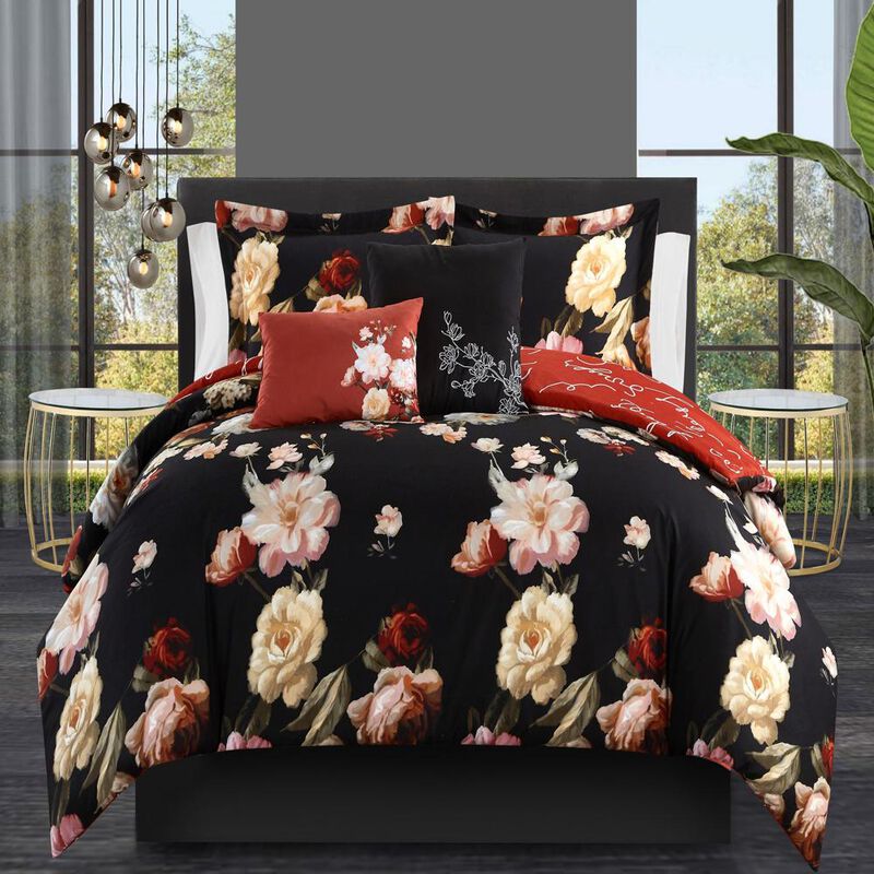 Chic Home Enid 7 Piece Reversible Comforter Set Floral Print Cursive Script Design Bed In A Bag - Sheet Set Decorative Pillows Sham Included - Twin XL 66x90", Black