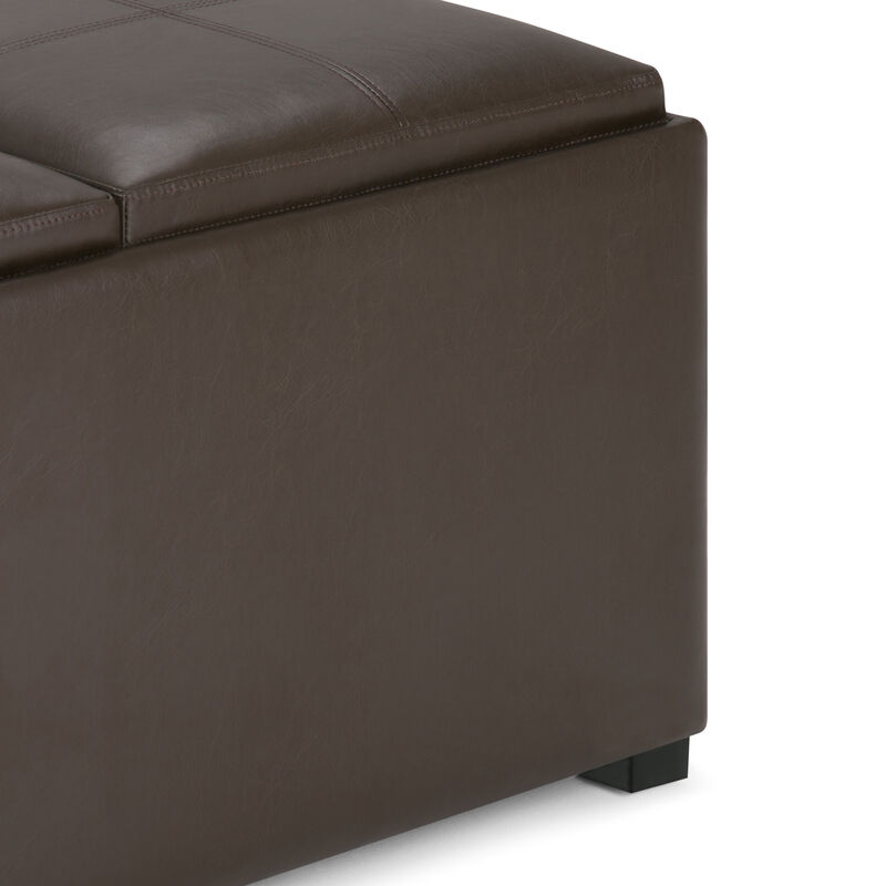 Avalon 35 inch Wide Contemporary Square Coffee Table Storage Ottoman in Chocolate Brown Vegan Faux Leather, Assembled