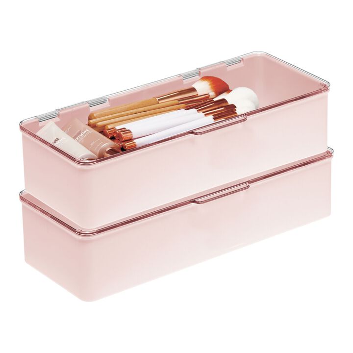 mDesign Long Plastic Cosmetic Storage Box, Hinged Lid, 2 Pack, Light Pink/Clear