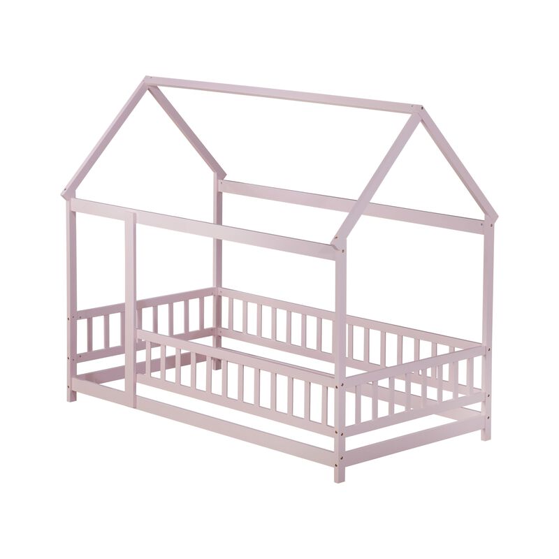 Whisen Twin Wooden House Floor Bed with Roof Frame and Safety Guardrails image number 7