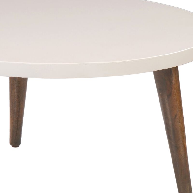 24 Inch Modern Coffee Table, Round Off White MDF Top, Tapered Brown Mango Wood Legs-Benzara