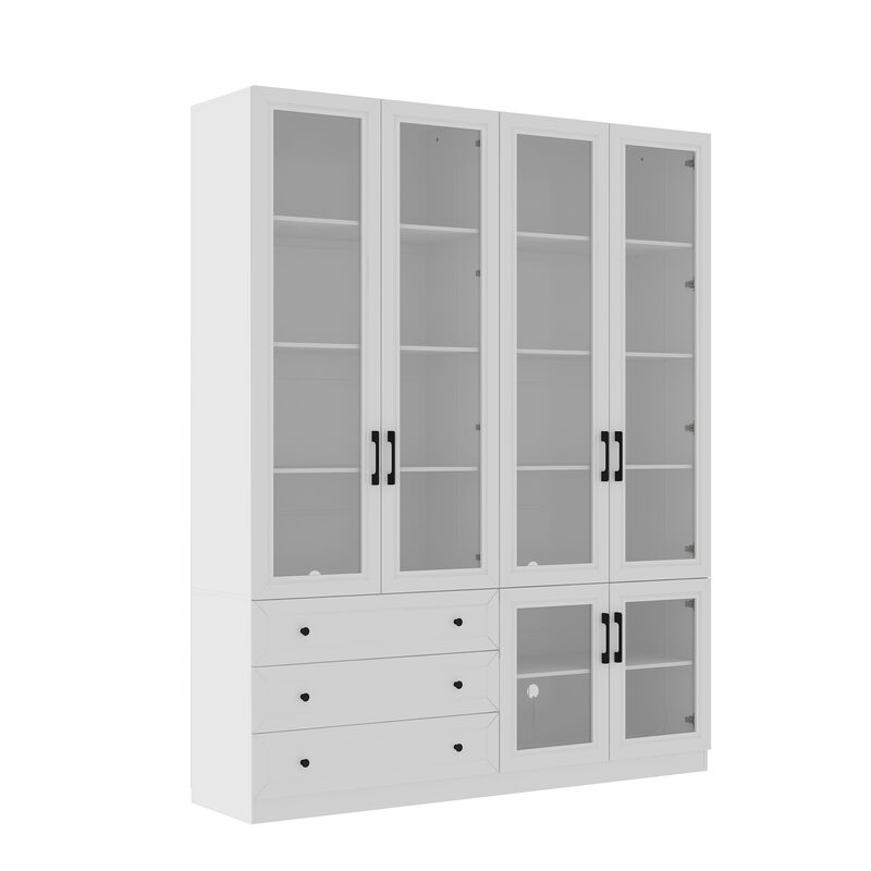 FUFU&GAGA Glass-Front Dining Cabinet with 3 Drawers and Adjustable Shelves,(63" W x 15.7" D x 78.7" H),White