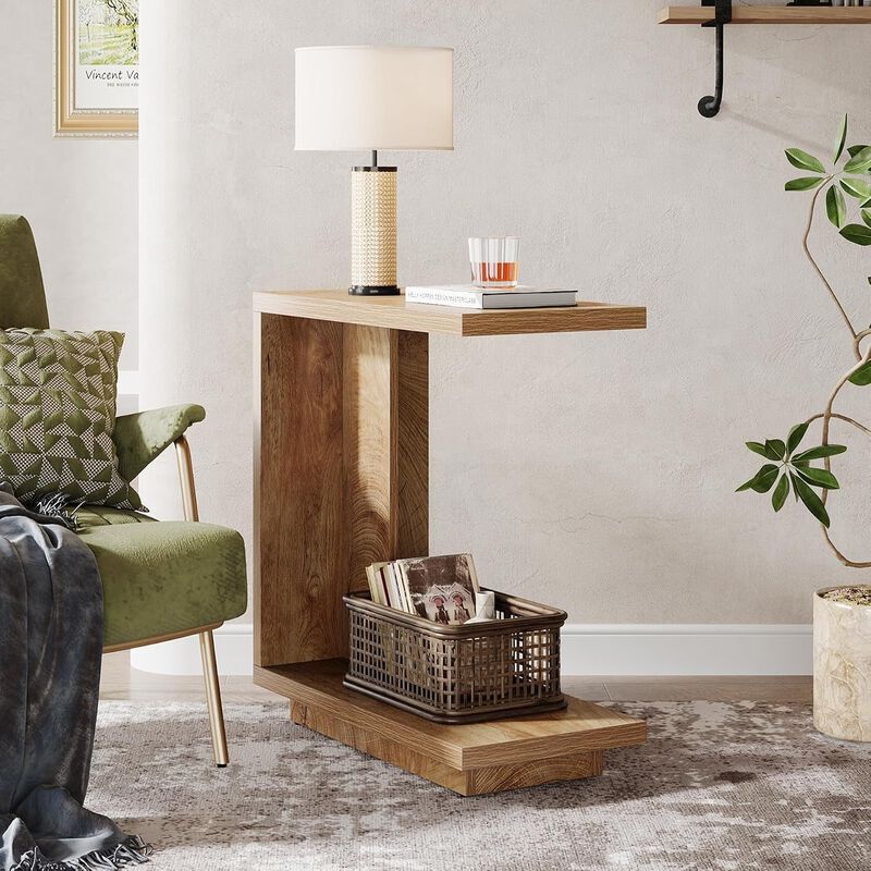 C Shaped End Wood Table with 2 Shelves, Slim Nightstand, Slides Over Sofa or Bed image number 6