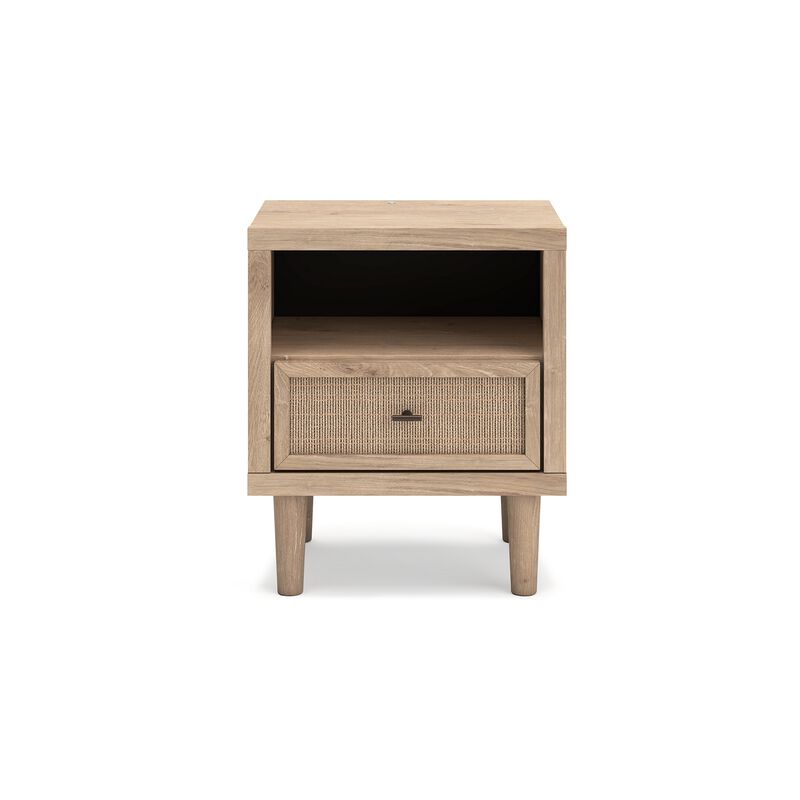 Ciel Nightstand w USB LED, Faux Linen Laminate, Cane Drawer, Oak Brown - Benzara