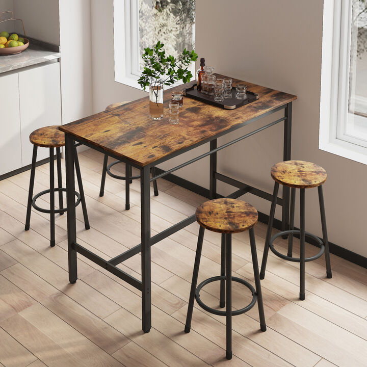 5-Piece Kitchen Counter Height Table Set, Bar Table with 4 Stools (Rustic Brown)
