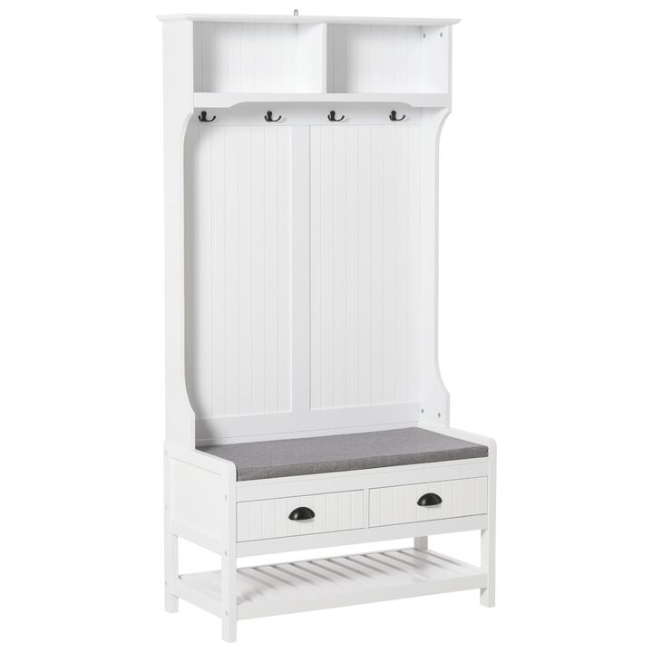 White Entryway Organizer: Hall Tree with Coat Rack and Shoe Storage