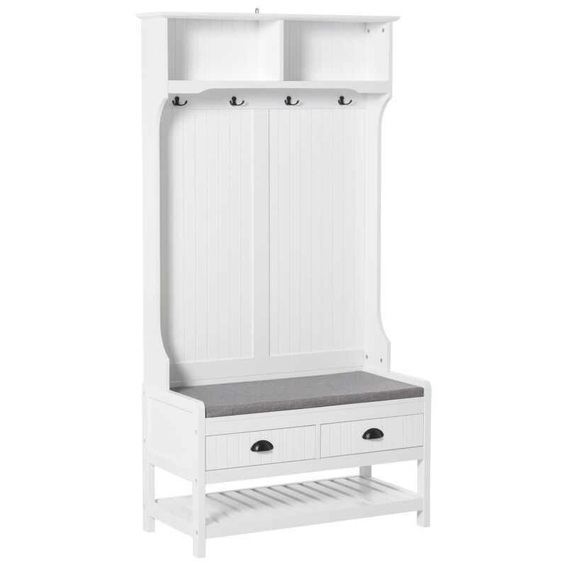 White Entryway Organizer: Hall Tree with Coat Rack and Shoe Storage