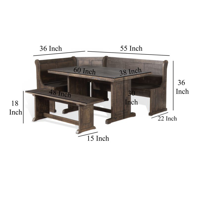 Flint 4pc Breakfast Nook Set, Dining Table, Corner Bench, Dark Brown - Benzara