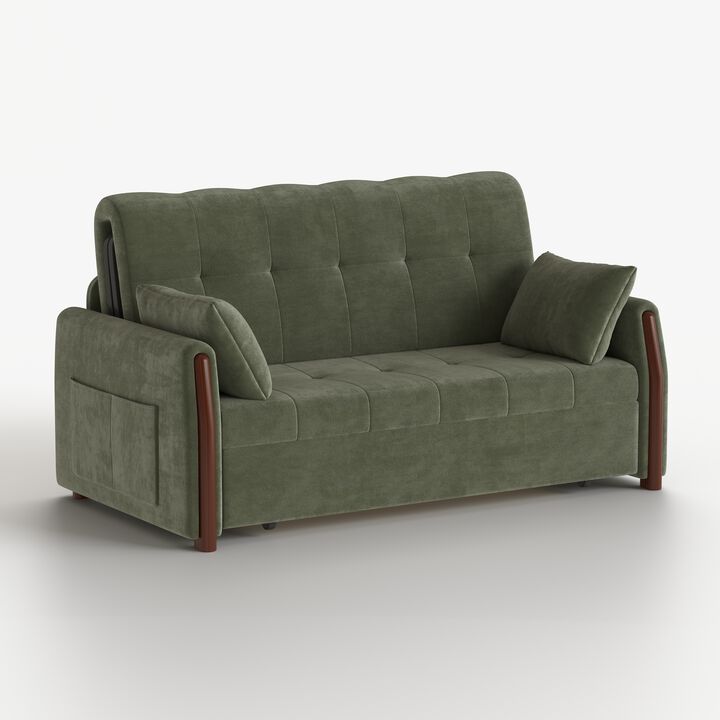 Linen Fabric Extendable Sofa Bed with Storage Space for Living Room 62.9", Dark Green
