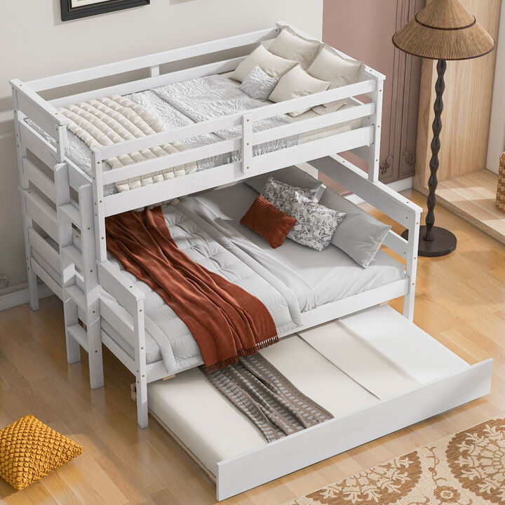 Wood Twin over Full Bunk Bed with Twin Size Trundle, White