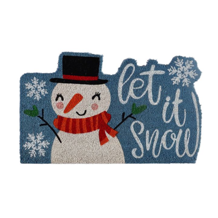 HomeRoots 18" X 30" Blue and White Coir Snowman Outdoor Winter Door Mat