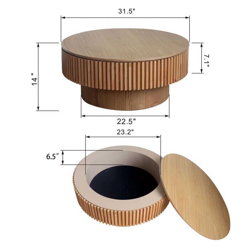 Round coffee table with storage Solid wood veneer and MDF coffee table with fluted base Modern accent coffee table for small spaces image number 2