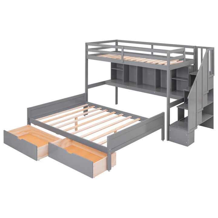 Twin XL over Full Bunk Bed with Built-in Storage Shelves, Drawers and Staircase,Gray
