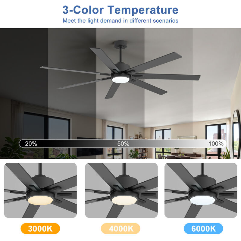 Breezary 72 in Ceiling Fan with Light, 7 Plywood Blades, Dimmable PMMA Shade, Quiet Reversible DC Motor image number 2