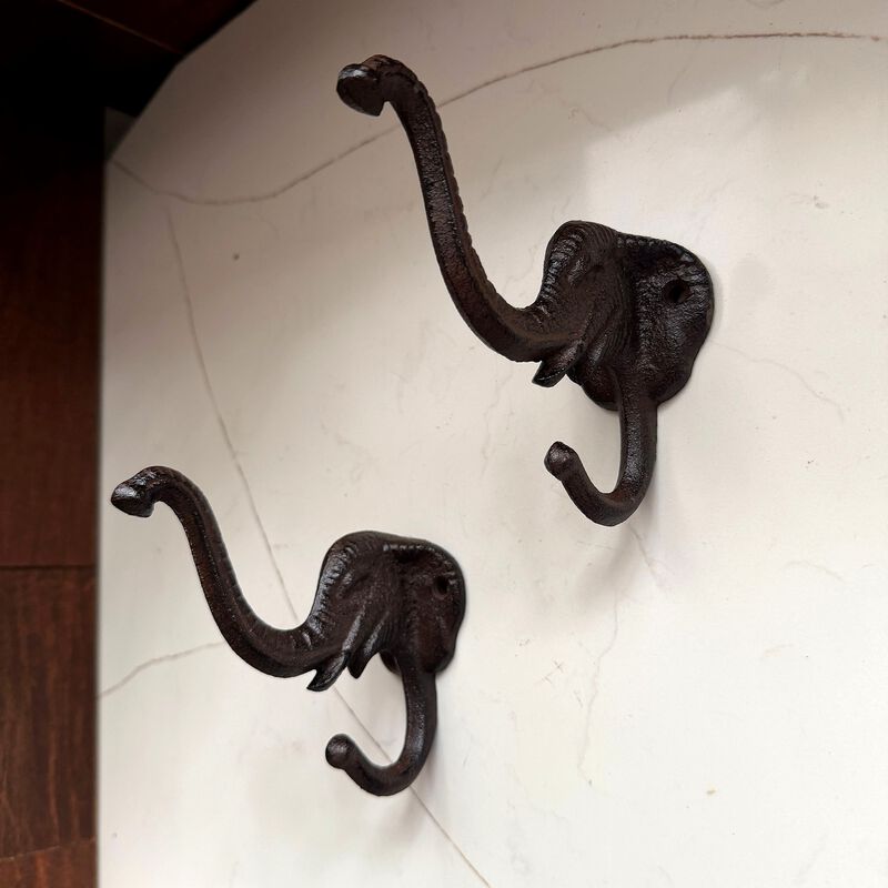 Set Of 4 Elephant Wall Hooks Rustic Cast Iron Brown 5 In Decorative image number 7