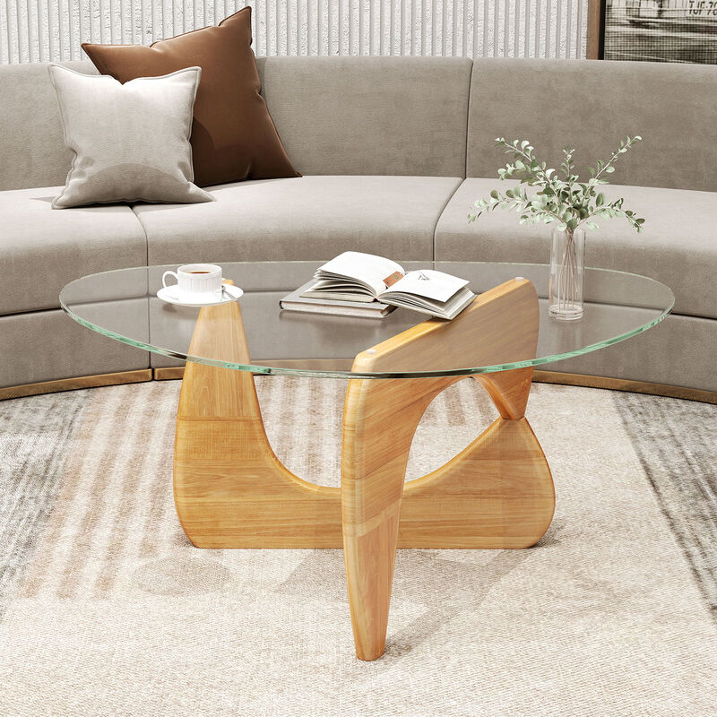 Triangle Coffee Table with Tempered Glass Top and Adjustable Rubber Wood Base