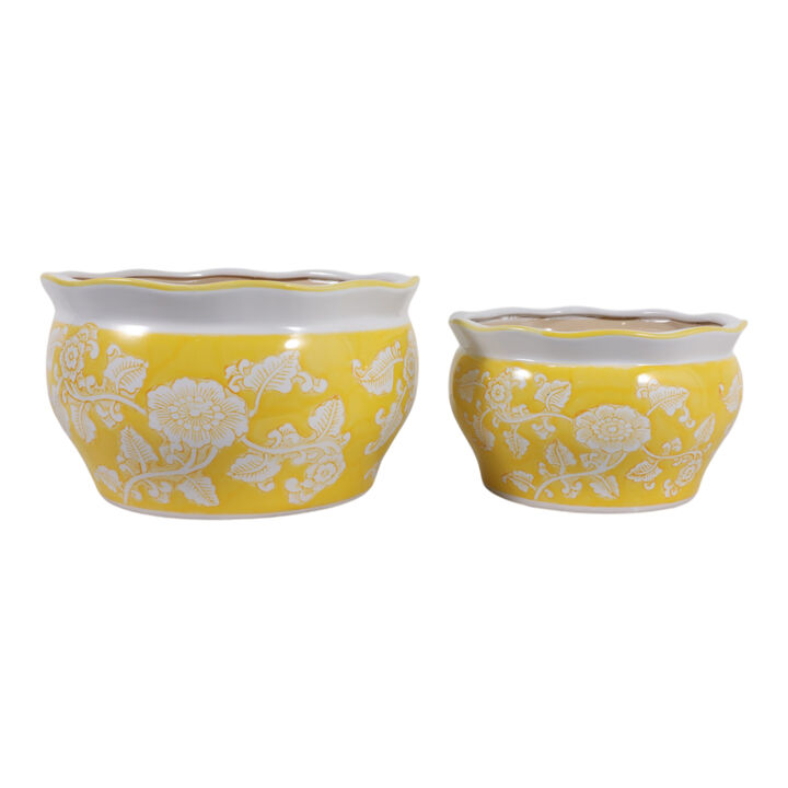 S/2 10/12" Chinoiserie Vines Planters,yellow