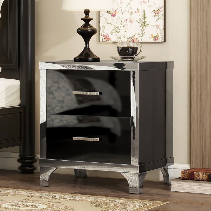 GOODSILO Elegant High Gloss 2-Drawer Nightstand Bedside Table Multipurpose Storage Organizer for Bedroom Living Room Office Sturdy & Easy to Assemble