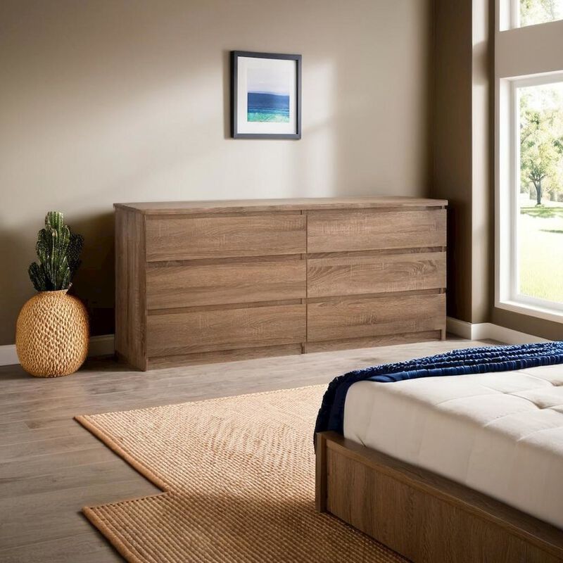 FurniFact Elegant Truffle Oak Double Dresser with Six Spacious Drawers for Storage