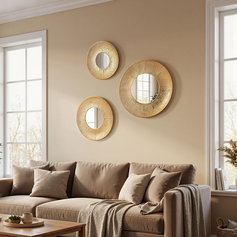 Hammered Round Wall Mirror 3PC Set, Gold image number 2