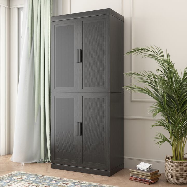 2-Piece 36"x31"x16" Black Wood Grain 6-Story Decorative Storage Cabinet with Wicker Door